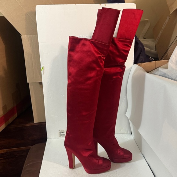 38.5/8❤️CHANEL Runway Red Satin Leather OVER THE KNEE HIGH HEEL Platform BOOTS - Picture 9 of 15